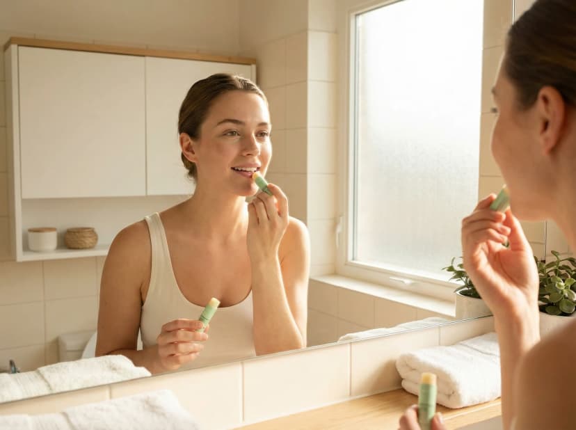 Woman applying Numbrrrz organic lip balm — daily multi-use