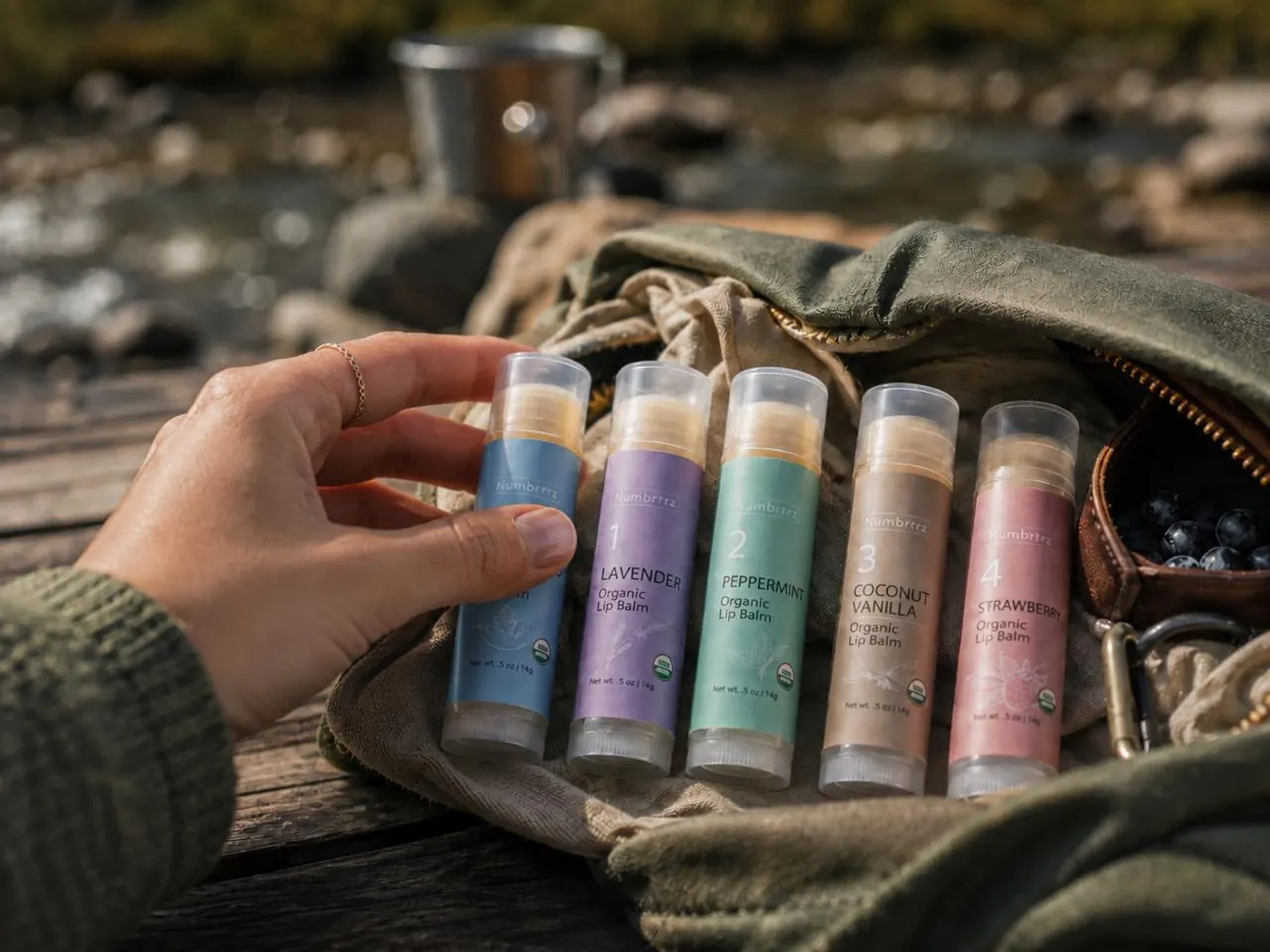 Five oversized 0.5 oz Numbrrrz USDA Organic lip balms arranged outdoors: Unscented, Lavender, Peppermint, Coconut Vanilla, and Strawberry